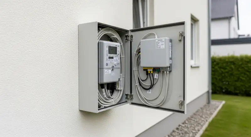 Modern German electrical meter cabinet (Zählerschrank) with smart meter and solar inverter connection, clean technical installation