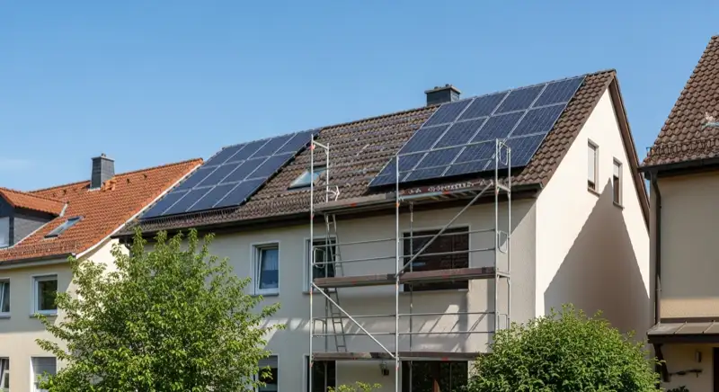 PV-Installation auf Weimarer Einfamilienhaus mit Gerüst und Installateuren