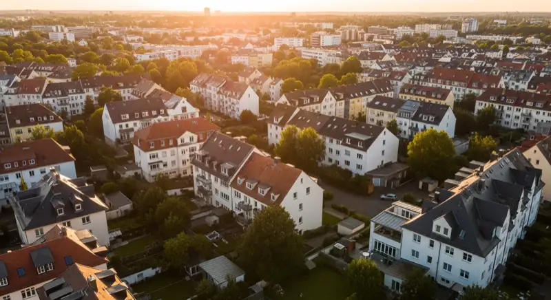 Aerial drone view of typical German residential neighborhood with mixed roof types, red and dark roof tiles, gardens visible, sunny day