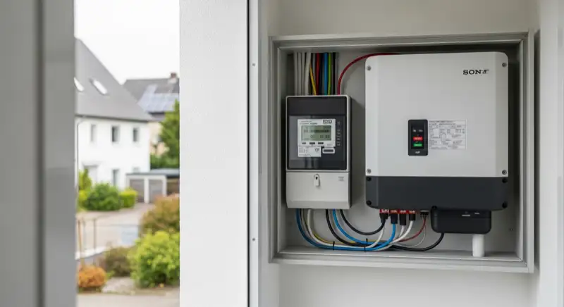 Modern German electrical meter cabinet (Zählerschrank) with smart meter and solar inverter connection, clean technical installation