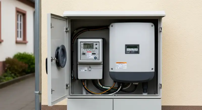 Modern German electrical meter cabinet (Zählerschrank) with smart meter and solar inverter connection, clean technical installation
