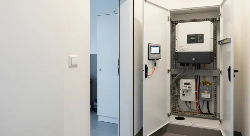Modern German electrical meter cabinet (Zählerschrank) with smart meter and solar inverter connection, clean technical installation