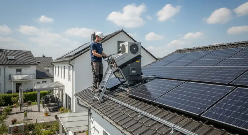 Handwerker installiert PV-Module auf Einfamilienhaus-Dach in Weinheim