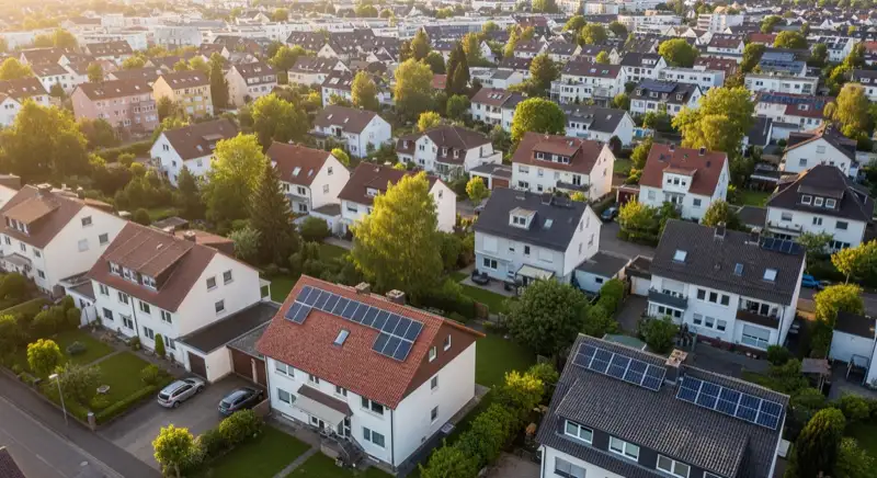 Aerial drone view of typical German residential neighborhood with mixed roof types, red and dark roof tiles, gardens visible, sunny day