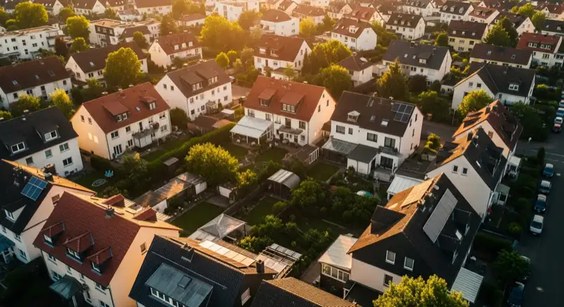 Aerial drone view of typical German residential neighborhood with mixed roof types, red and dark roof tiles, gardens visible, sunny day