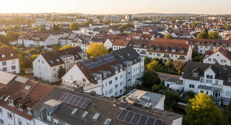 Aerial drone view of typical German residential neighborhood with mixed roof types, red and dark roof tiles, gardens visible, sunny day