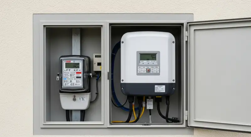 Modern German electrical meter cabinet (Zählerschrank) with smart meter and solar inverter connection, clean technical installation