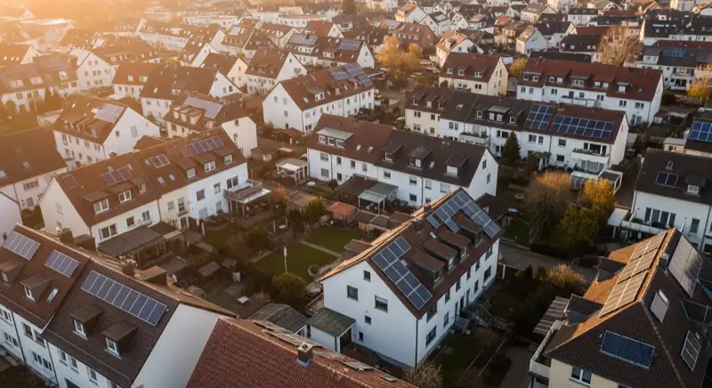 Aerial drone view of typical German residential neighborhood with mixed roof types, red and dark roof tiles, gardens visible, sunny day