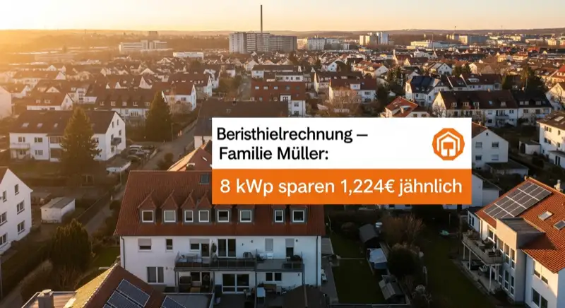 Aerial drone view of typical German residential neighborhood with mixed roof types, red and dark roof tiles, gardens visible, sunny day