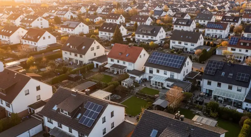 Aerial drone view of typical German residential neighborhood with mixed roof types, red and dark roof tiles, gardens visible, sunny day