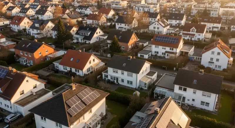 Aerial drone view of typical German residential neighborhood with mixed roof types, red and dark roof tiles, gardens visible, sunny day