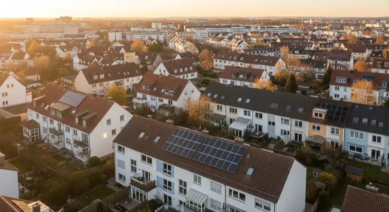 Aerial drone view of typical German residential neighborhood with mixed roof types, red and dark roof tiles, gardens visible, sunny day