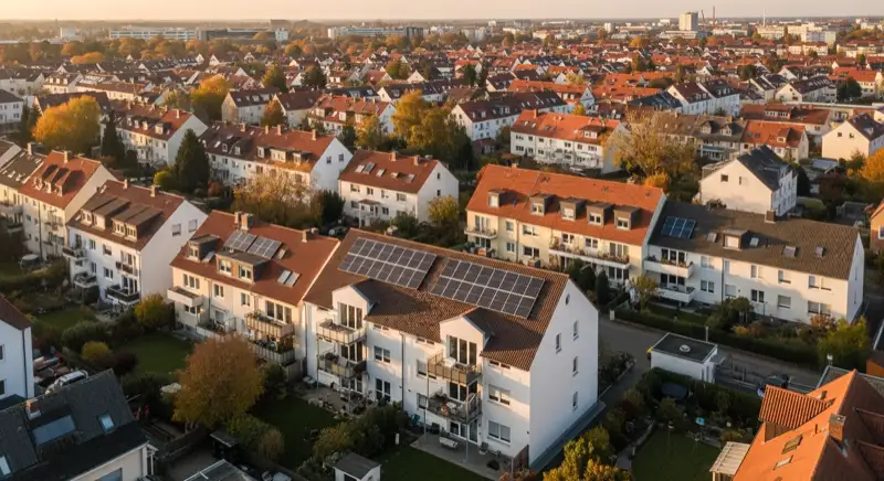 Aerial drone view of typical German residential neighborhood with mixed roof types, red and dark roof tiles, gardens visible, sunny day