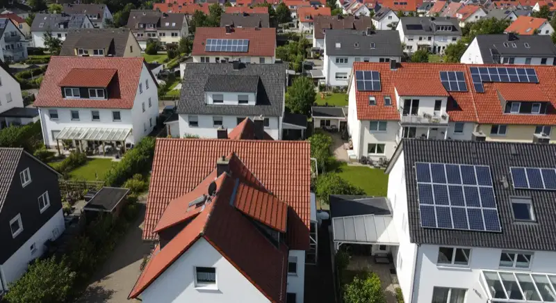 Aerial drone view of typical German residential neighborhood with mixed roof types, red and dark roof tiles, gardens visible, sunny day