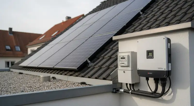 Modern German electrical meter cabinet (Zählerschrank) with smart meter and solar inverter connection, clean technical installation