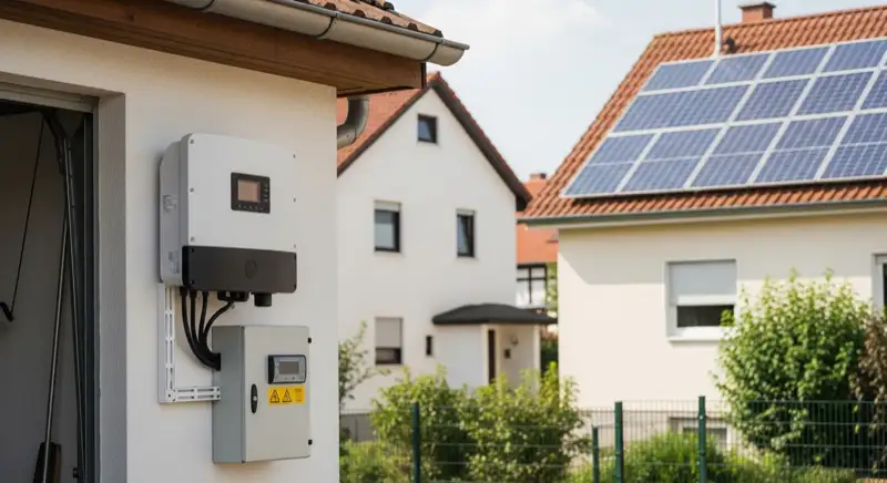 Modern solar inverter mounted on garage wall next to electrical panel, clean professional installation, natural daylight