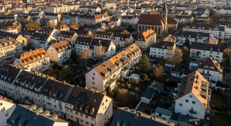 Wohngebiete in Würzburg mit verschiedenen Bauformen, typische Einfamilienhäuser und Dachstrukturen aus der Luft