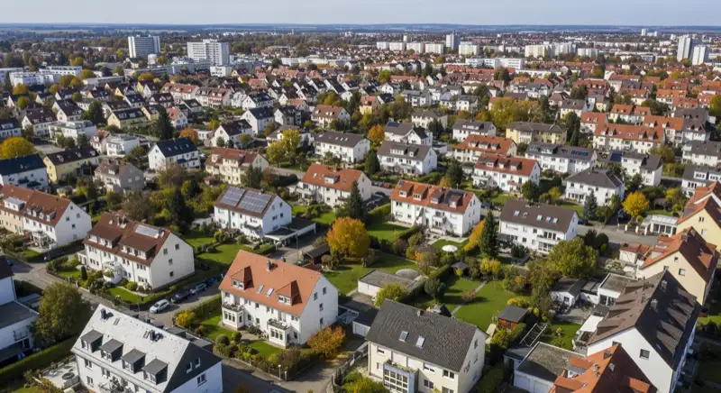Wohngebiete in Würzburg mit verschiedenen Bauformen, typische Einfamilienhäuser und Dachstrukturen aus der Luft