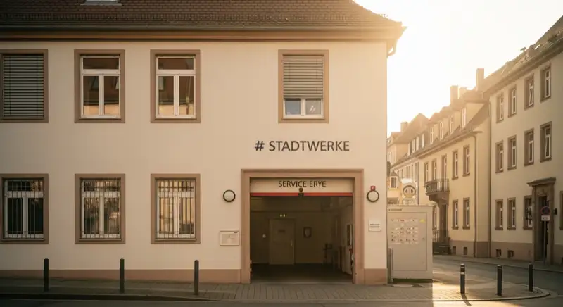 Blick auf das Stadtwerke-Gebäude in Würzburg mit Service-Eingang, lokale Versorgeratmosphäre