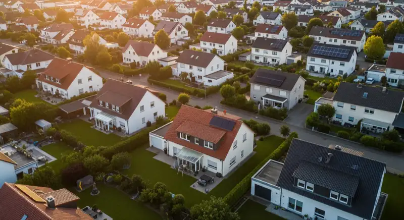 Aerial drone view of typical German residential neighborhood with mixed roof types, red and dark roof tiles, gardens visible, sunny day