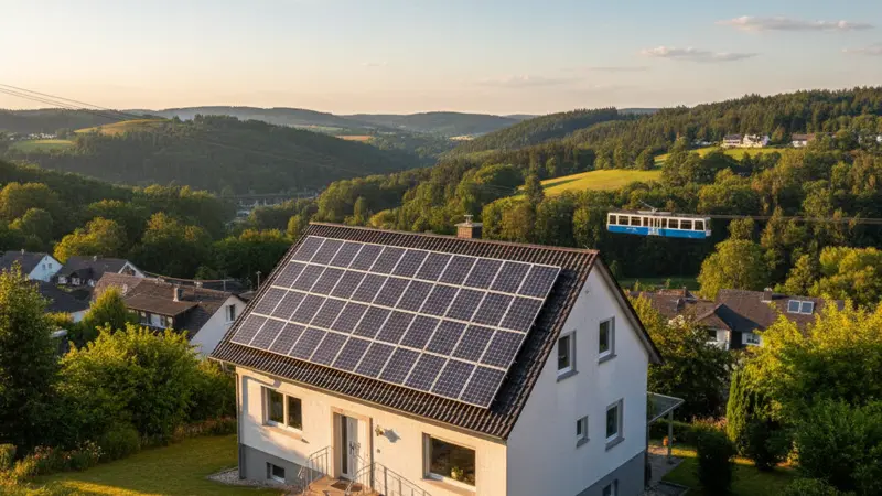 Photovoltaikanlage auf einem Wuppertaler Eigenheim mit Blick auf die hügelige Stadtlandschaft des Bergischen Landes