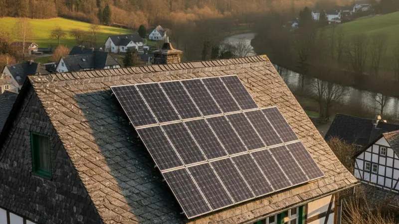 Nahaufnahme von Solarmodulen auf einem Wuppertaler Hausdach mit typischer bergischer Schieferverkleidung