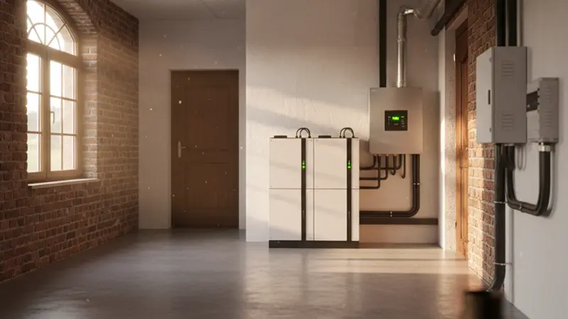 Batteriespeicher im Keller eines Wuppertaler Einfamilienhauses neben dem Wechselrichter