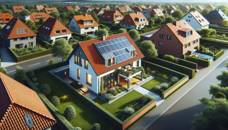 Einfamilienhaus mit PV-Anlage in Krefeld, typische Niederrhein Architektur mit Solarpanels auf rotem Ziegeldach