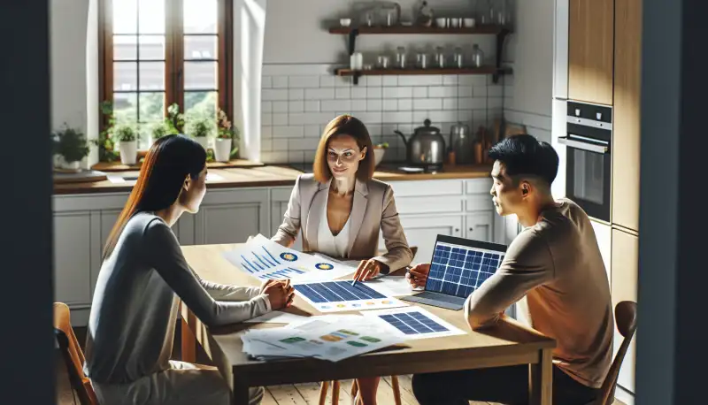 Energieberaterin zeigt einem Krefelder Ehepaar die PV-Planung am Laptop