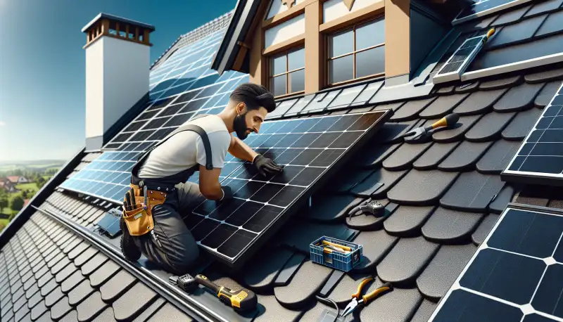 Solarinstallateur bei der Montage von PV-Modulen auf einem Krefelder Hausdach