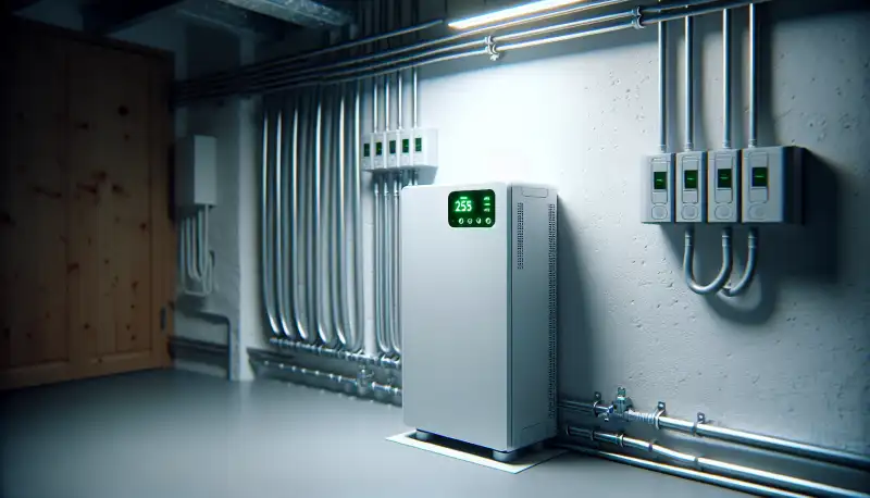 Moderner Batteriespeicher an der Wand eines Krefelder Hauswirtschaftsraums mit grüner LED-Anzeige