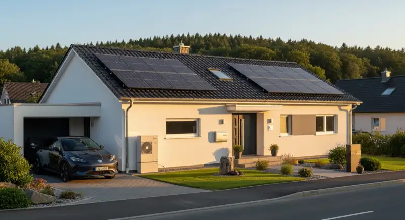 Modernes Einfamilienhaus in Lahr/Schwarzwald mit Photovoltaikanlage auf dem Dach, Wallbox an der Hauswand und Wärmepumpe im Vorgarten