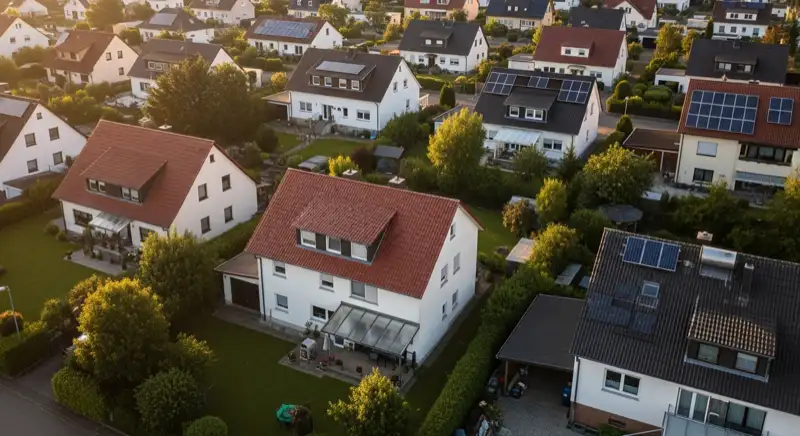 Aerial drone view of typical German residential neighborhood with mixed roof types, red and dark roof tiles, gardens visible, sunny day