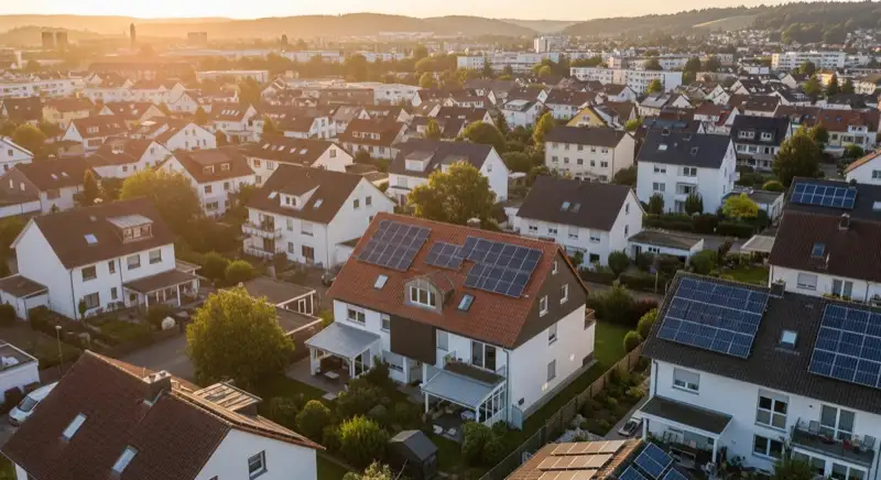Aerial drone view of typical German residential neighborhood with mixed roof types, red and dark roof tiles, gardens visible, sunny day