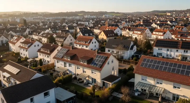 Aerial drone view of typical German residential neighborhood with mixed roof types, red and dark roof tiles, gardens visible, sunny day