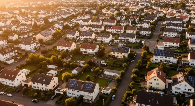 Aerial drone view of typical German residential neighborhood with mixed roof types, red and dark roof tiles, gardens visible, sunny day