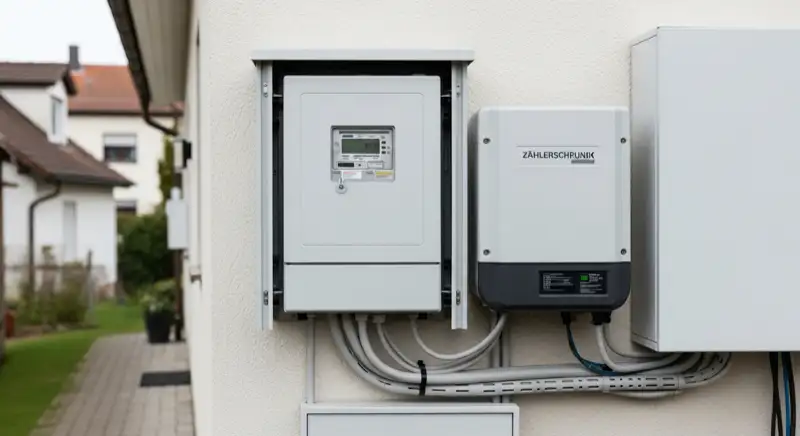 Modern German electrical meter cabinet (Zählerschrank) with smart meter and solar inverter connection, clean technical installation