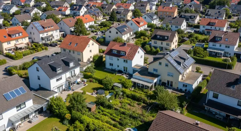 Aerial drone view of typical German residential neighborhood with mixed roof types, red and dark roof tiles, gardens visible, sunny day
