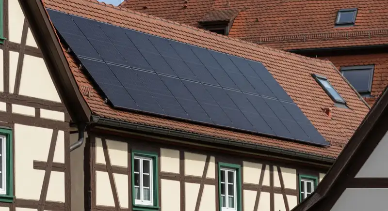 Historisches Landshuter Fachwerkgebäude mit dezent integrierten schwarzen Indach-Solarmodulen