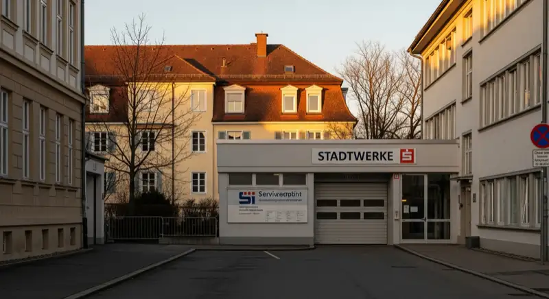 Blick auf das Stadtwerke-Gebäude in Landshut mit Service-Eingang, lokale Versorgeratmosphäre