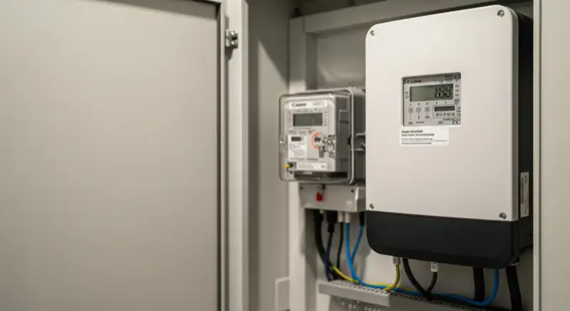 Modern German electrical meter cabinet (Zählerschrank) with smart meter and solar inverter connection, clean technical installation