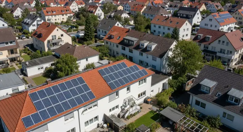 Aerial drone view of typical German residential neighborhood with mixed roof types, red and dark roof tiles, gardens visible, sunny day