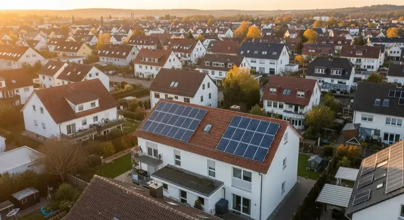 Aerial drone view of typical German residential neighborhood with mixed roof types, red and dark roof tiles, gardens visible, sunny day