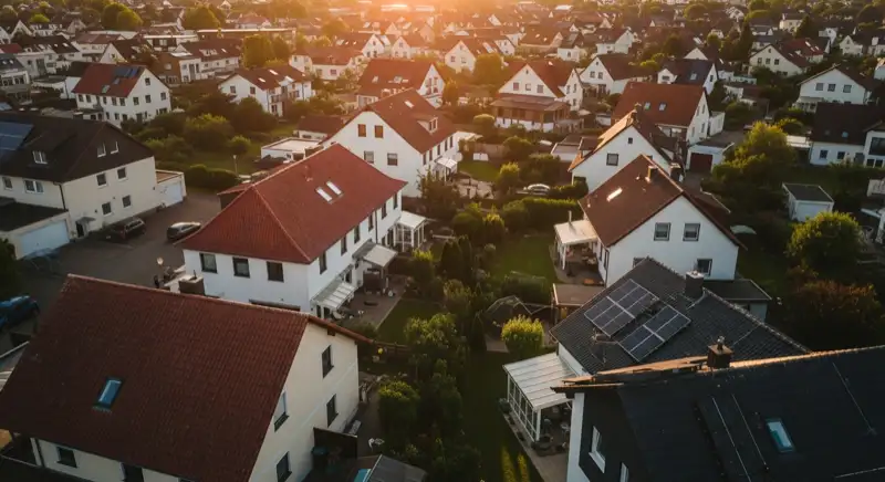 Aerial drone view of typical German residential neighborhood with mixed roof types, red and dark roof tiles, gardens visible, sunny day