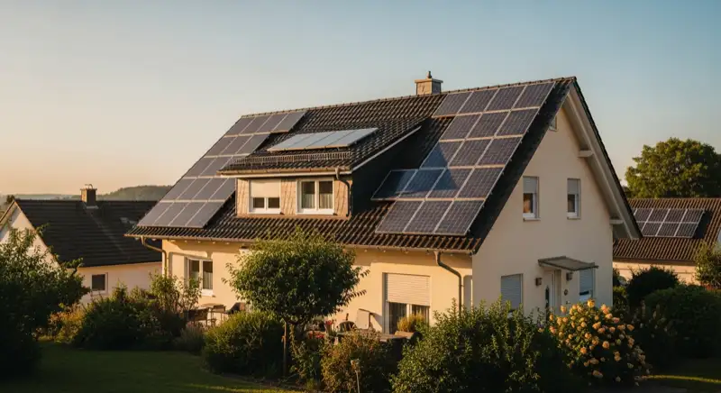 German detached house (Einfamilienhaus) with photovoltaic panels on pitched roof, well-maintained garden, warm afternoon sunlight