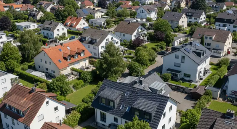 Aerial drone view of typical German residential neighborhood with mixed roof types, red and dark roof tiles, gardens visible, sunny day