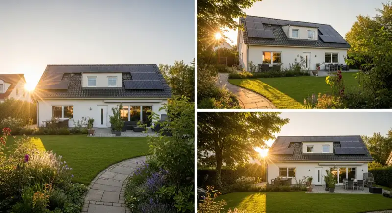 German detached house (Einfamilienhaus) with photovoltaic panels on pitched roof, well-maintained garden, warm afternoon sunlight