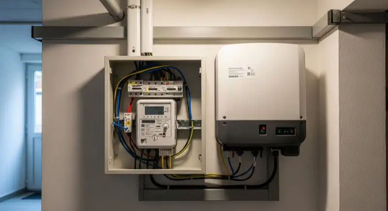 Modern German electrical meter cabinet (Zählerschrank) with smart meter and solar inverter connection, clean technical installation