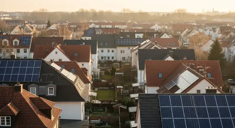 Aerial drone view of typical German residential neighborhood with mixed roof types, red and dark roof tiles, gardens visible, sunny day
