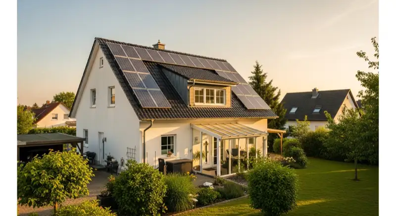 German detached house (Einfamilienhaus) with photovoltaic panels on pitched roof, well-maintained garden, warm afternoon sunlight